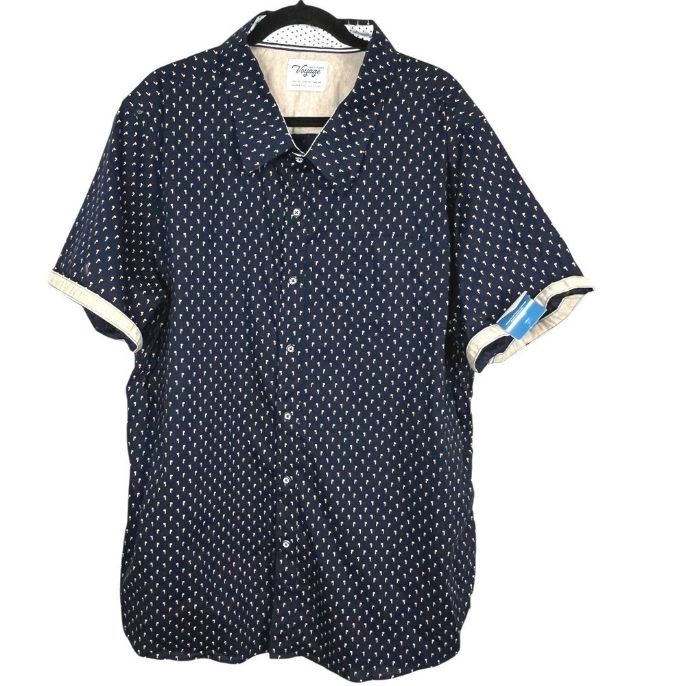 NWT - Craft + Flow Voyage Men's Navy Blue Palm Tree Print Button Down - Sz 2XL